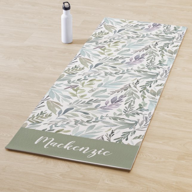 Tapete De Yoga Green Blue Botanical Watercolor Monogram Name (In Situ)