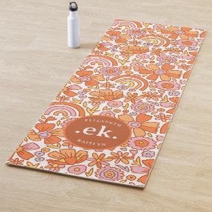 Tapete De Yoga Groovy Retro Orange Florals Monograma