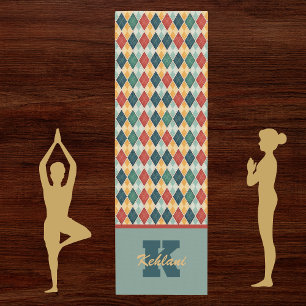 Tapete De Yoga Harlequin Retro Vermelho Dourado Monograma Verde A