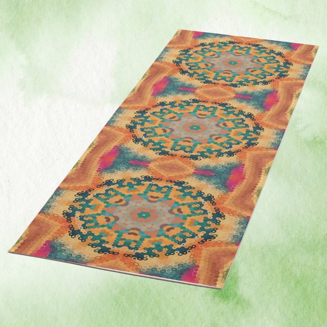 Tapete De Yoga Hex Mandala Orange e Blue (Orange and Blue Hexagon Mandala Yoga Mat by Wormhole Orbital)