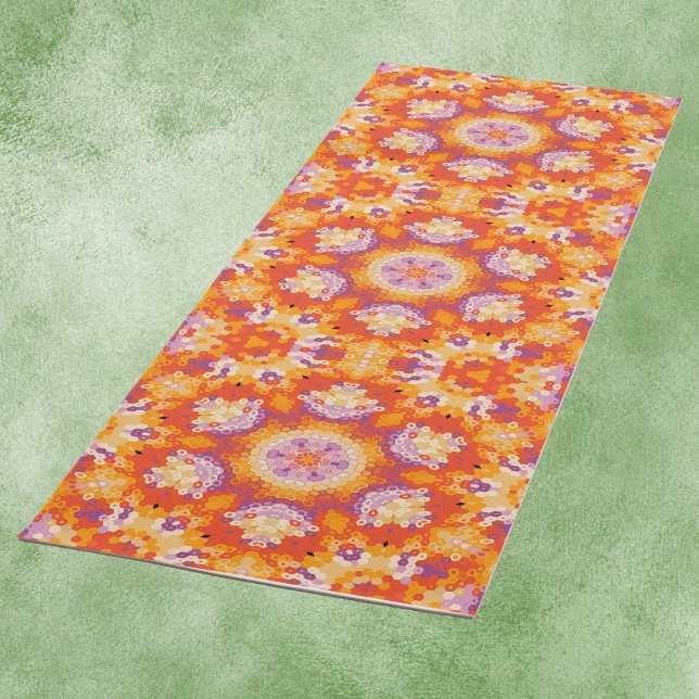 Tapete De Yoga Hex Mandala Orange Purple e White (Orange Purple and White Hexagon Mandala Yoga Mat by Wormhole Orbital)