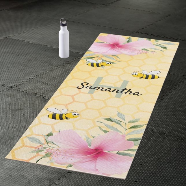 Tapete De Yoga Honeycomb pink florals bumble bees name monogram (Criador carregado)