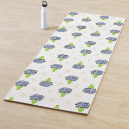 Tapete De Yoga Hortênsia Azul em Padrão Floral de Vaso Verde
