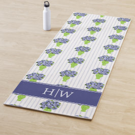 Tapete De Yoga Hortênsia Azul Monograma de Vaso Floral Costeiro