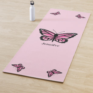 Tapete De Yoga Ilustração de Borboletas Rosa com Nome Personaliza