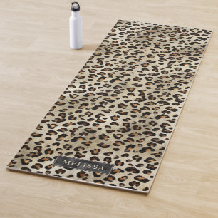 Tapete De Yoga Impressão de Animal Leopardo Com Folha Falsa Preta