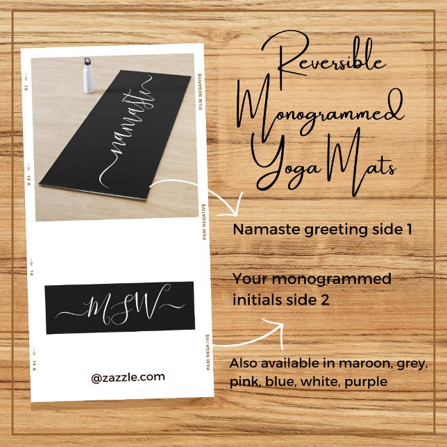 Tapete De Yoga Iniciais de Namaste Preto Personalizado (Reversible personalized monogrammed initials white on black ground yoga mat. Gift her good health.)