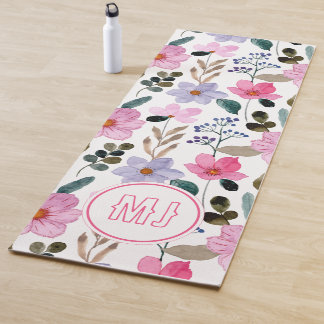 Tapete De Yoga Iniciais de Script Rosa Floral Personalizado