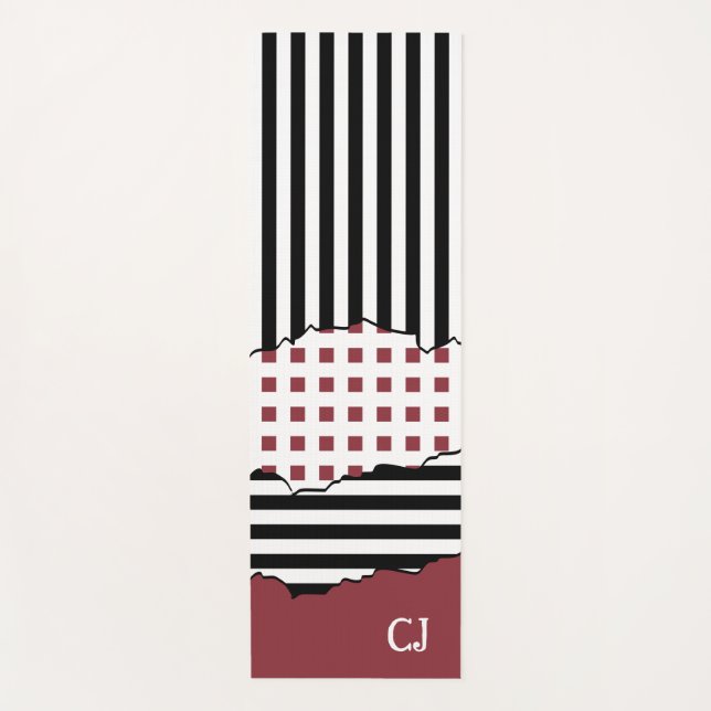 Tapete De Yoga Iniciais em camadas brancas, pretas e vermelhas (Frente)