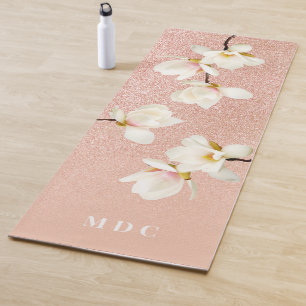 Tapete De Yoga Iniciais florais de glitter magnólia cinzento-ros