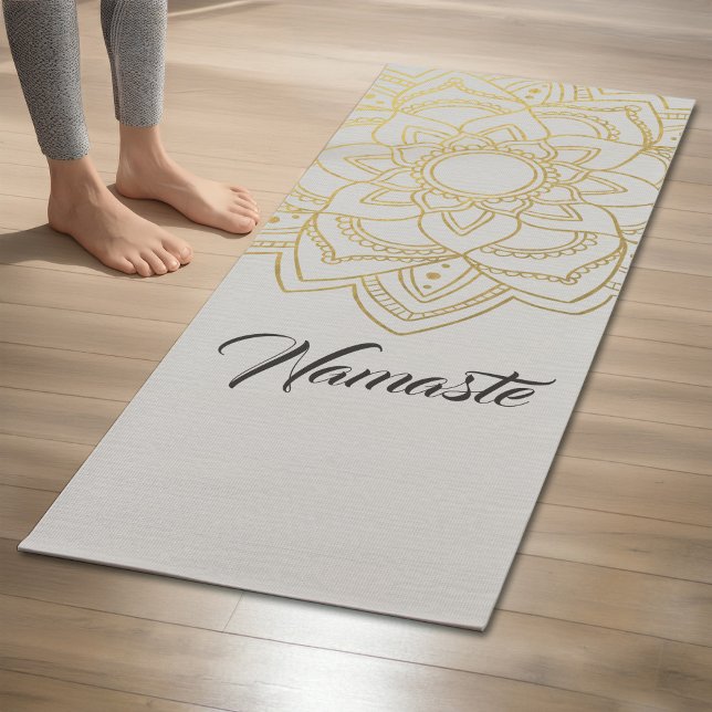 Tapete De Yoga Instrutor Elegante YOGA White Dourado Floral Manda (Criador carregado)