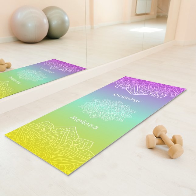 Tapete De Yoga Iridescent Teal Rainbow Gradient Mandala With Name (Disclaimer: This image is a digital mockup.)