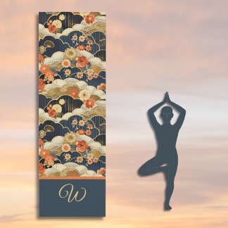 Tapete De Yoga Japanese Style Retro Teal Floral and Clouds Print