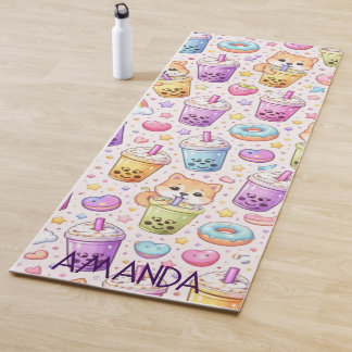 Tapete De Yoga Kawaii Shiba Inu Boba Bubble Tea Pattern