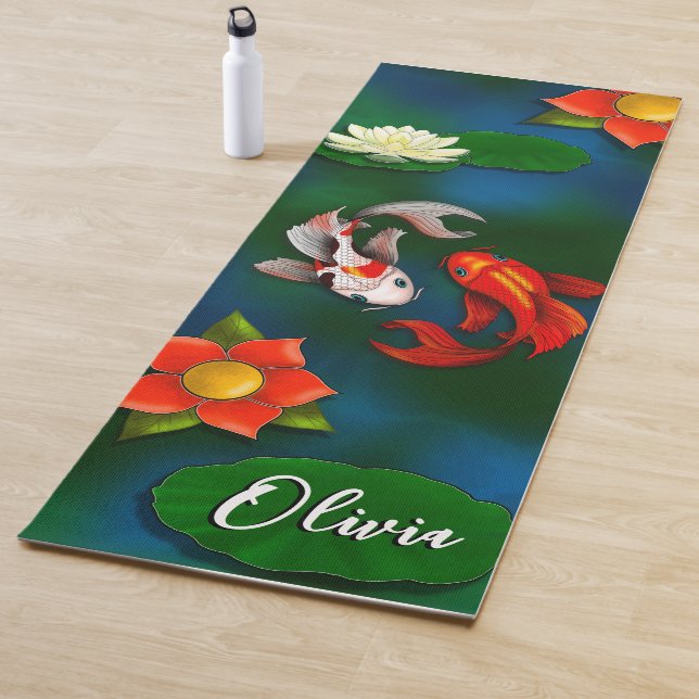 Tapete De Yoga Koi Fish White Lotus Lily Pond Personalizado (In Situ)
