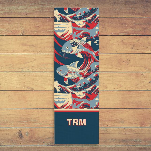 Tapete De Yoga Koi Fish with Red Blue Great Wave Monogram (Criador carregado)