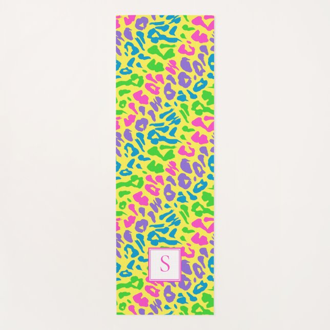 Tapete De Yoga Leopard Bright Neon Monograma Personalizado (Frente)