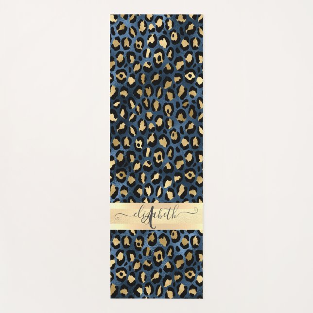 Tapete De Yoga Leopard Padrão Monograma Dourado Azul (Frente)