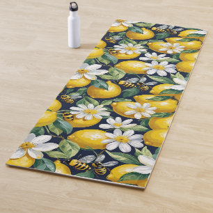 Tapete De Yoga Limões Amarelos Frescos Com Abelhas Ocupadas & Flo