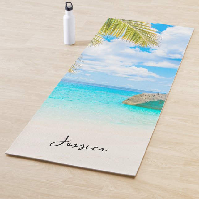 Tapete De Yoga Linda Praia Tropical com Script  (Criador carregado)