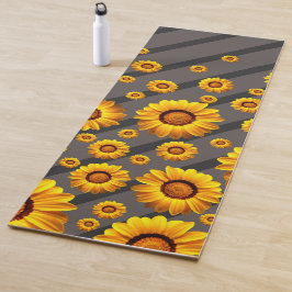 Tapete De Yoga Lindas flores amarelas nas cinzas, faixas pretas