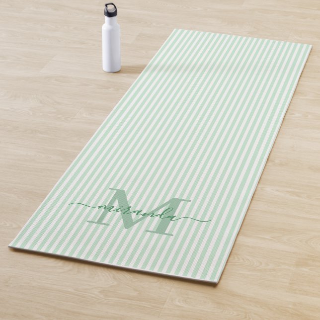 Tapete De Yoga Listras Verdes e Brancas com Monograma Nome (In Situ)