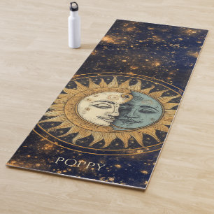 Tapete De Yoga Lua Azul Celestial Dourada Virada Personalizada