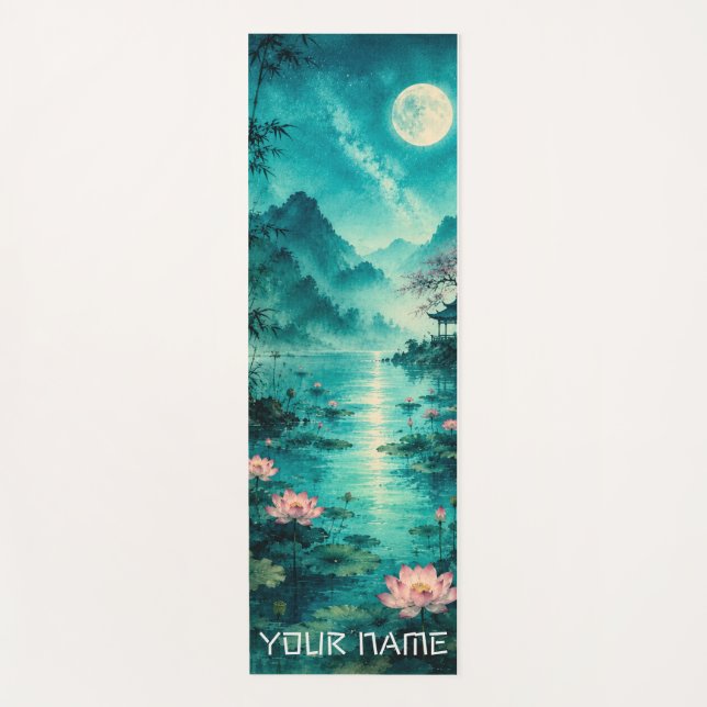 Tapete De Yoga Lua Turquesa sobre o Lago de Lótus (Frente)