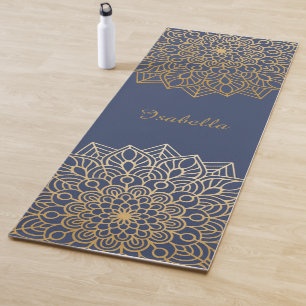 Tapete De Yoga Mandala Azul e Dourado Elegante Personalizado