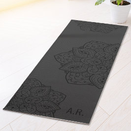 Tapete De Yoga Mandalá Decorativo Carvão Cinza Com Iniciais