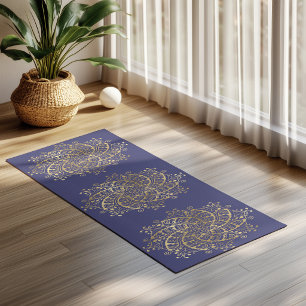 Tapete De Yoga Mandalá Dourado Azul Marinho Boho