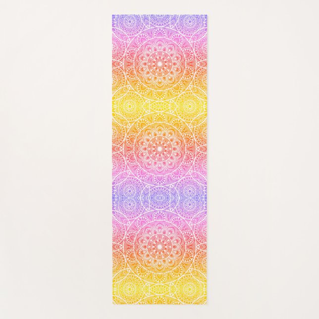 Tapete De Yoga Mandala Pink Yoga Mat (A yoga mat with a gradient of colors from violet to yellow, with a pattern of white mandalas.)