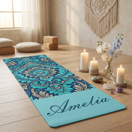Tapete De Yoga Mandala Sagrado Azul Marinho Teal Damascos Espirit