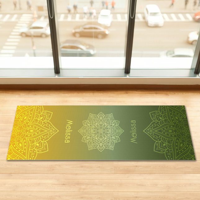 Tapete De Yoga Mandalas Com Gradiente De Verde Para Amarelo Com N (Disclaimer: This image is a digital mockup.)