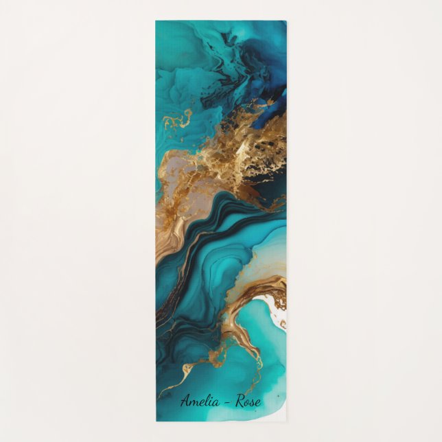 Tapete De Yoga Marble Aqua Teal Dourado (Frente)