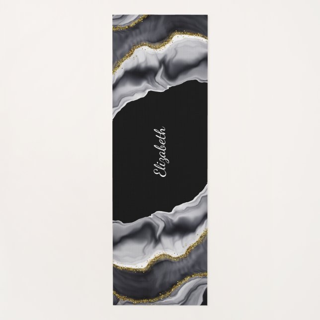 Tapete De Yoga Marble Black Personalize Dourado (Frente)