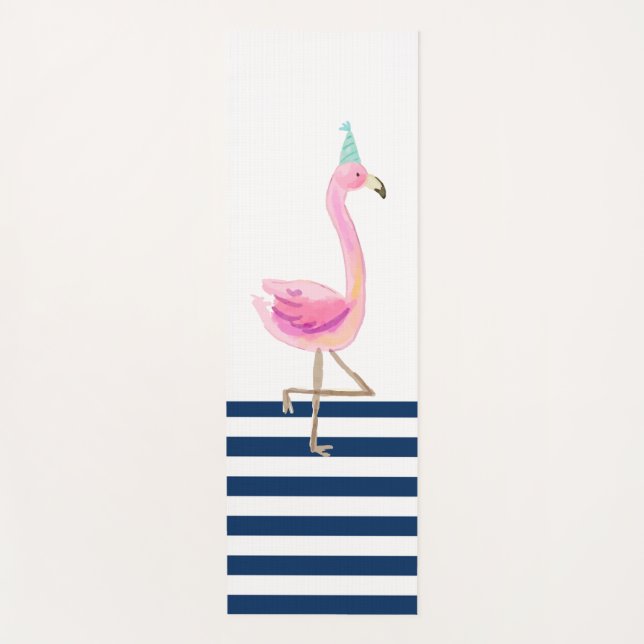Tapete De Yoga Marinho Flamingo Cor-de-rosa Stripes brancas azuis (Frente)