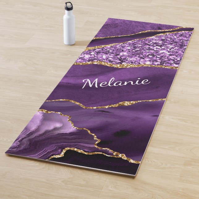 Tapete De Yoga Mat Dourado de Marble Roxo com Nome Personalizado (In Situ)