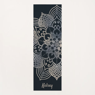 Tapete De Yoga Mat Yoga Padrão de Mandala Preto e Azul Monograma