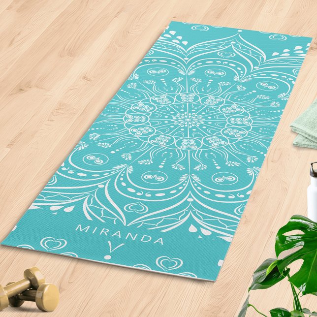 Tapete De Yoga Meditação Personalizada Teal Blue Boho Mandala (Personalized Boho Yoga Mat with Teal Blue Mandala Pattern)