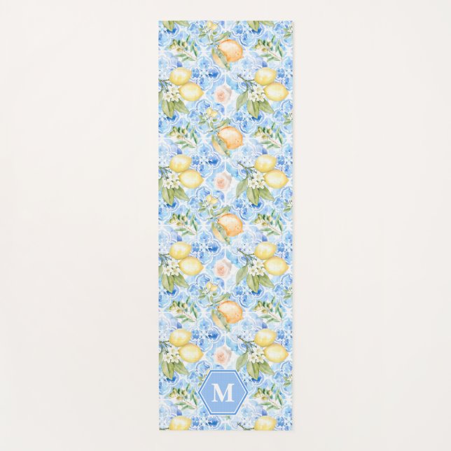 Tapete De Yoga Mediterranean Blue Tile Limoncello Monogram Name (Frente)