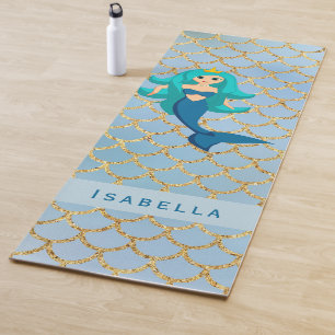 Tapete De Yoga Menina de Sereia, princesa azul-roxa escamoteada