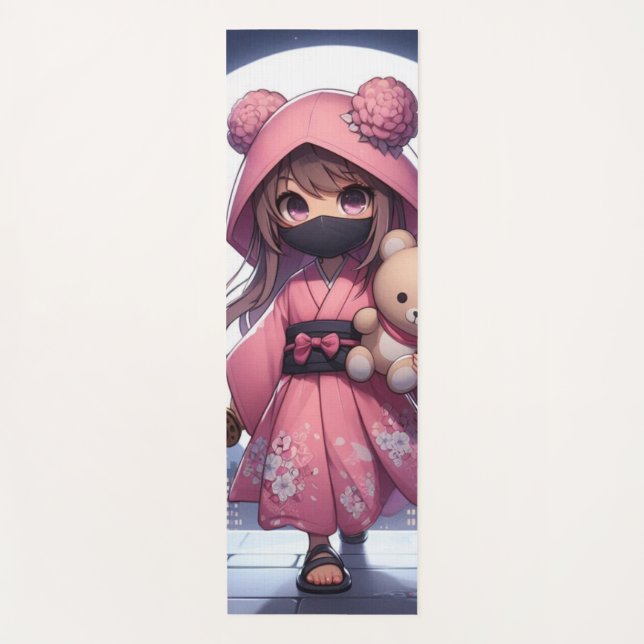 Tapete De Yoga Menina e ursinho da guerreira ninja (Frente)