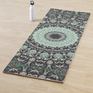 Tapete De Yoga Menta Verde e Padrão Mandala Carvão