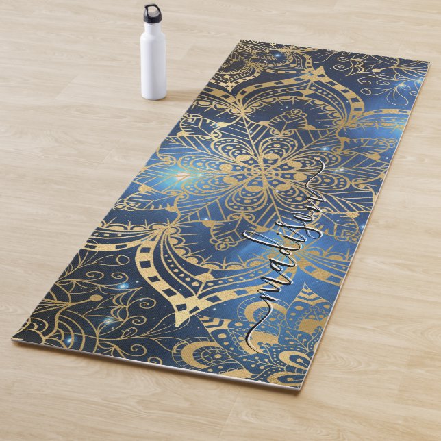 Tapete De Yoga Modern Gold Mandala Blue Nebula Custom Name (In Situ)