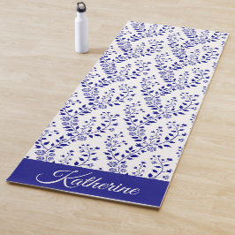 Tapete De Yoga Modern Minimalist Navy Blue White Floral Script