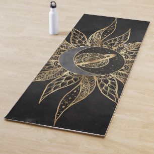 Tapete De Yoga Moderno Dourado Planeta da Lua Solar Mandala