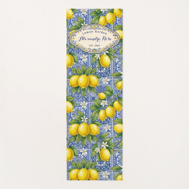 Tapete De Yoga Monogram Name Lemon Blue French Country Tile  (Frente)