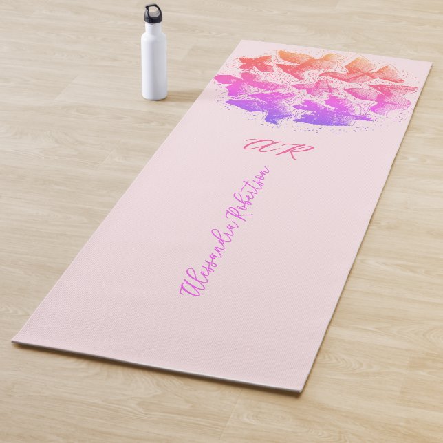 Tapete De Yoga Monogram Name Pastel Pink Rainbow Gradient Birds (In Situ)