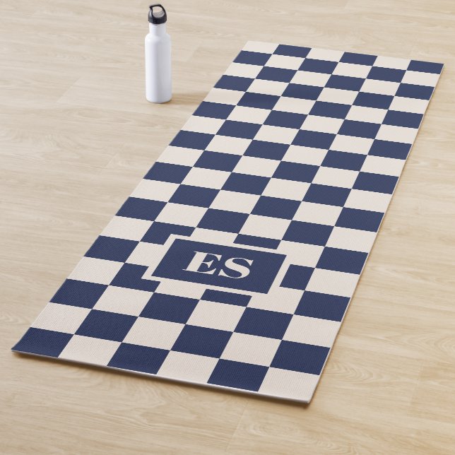 Tapete De Yoga Monogram Navy Blue Cream Checkered Pattern (In Situ)